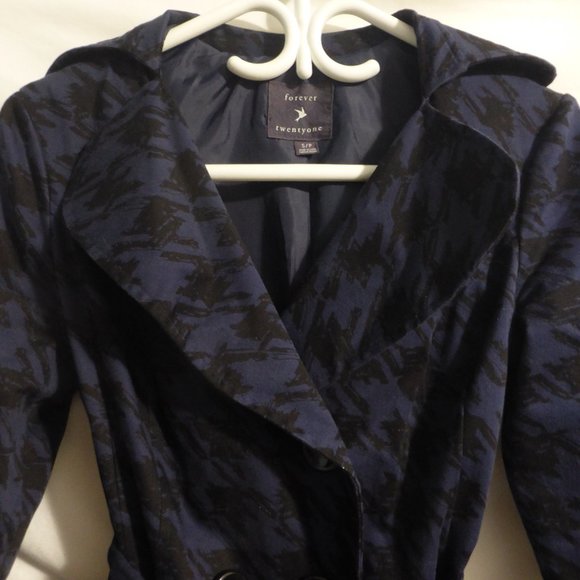 FOREVER 21, small, navy pea coat with black design, GUC - Picture 5 of 14
